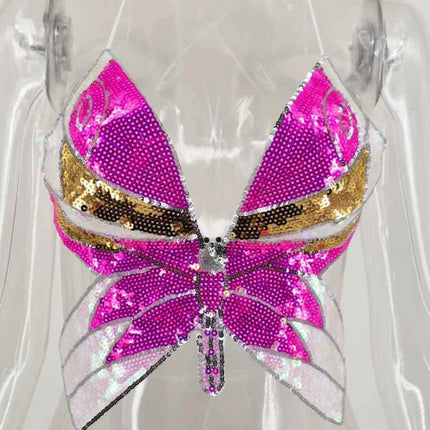 Women Pink Purple Sequin Butterfly Crop Top - Crop Top - FestivalQueen - Mad Fly Essentials