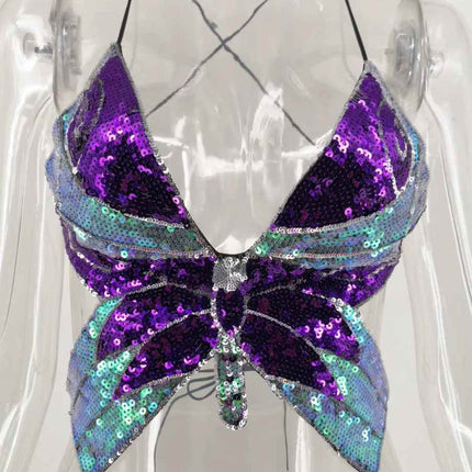 Women Pink Purple Sequin Butterfly Crop Top - Crop Top - FestivalQueen - Mad Fly Essentials