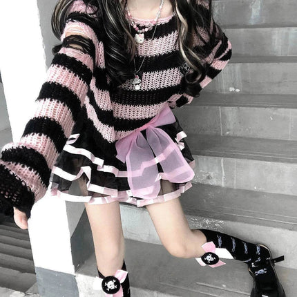 Women Pink Purple Striped Gothic Sweater - Sweater - Karrcat - Mad Fly Essentials