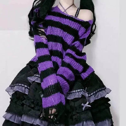 Women Pink Purple Striped Gothic Sweater - Sweater - Karrcat - Mad Fly Essentials