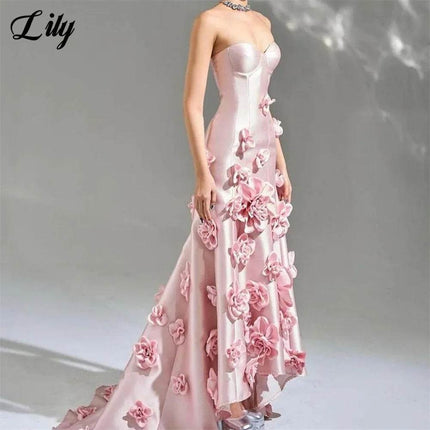 Women Pink 3D Flower Prom Party Dress - Mad Fly Essentials