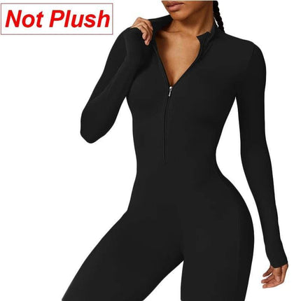 Women Plush Long Black Fitness Jumpsuit - Jumpsuit - Lipswag - Mad Fly Essentials