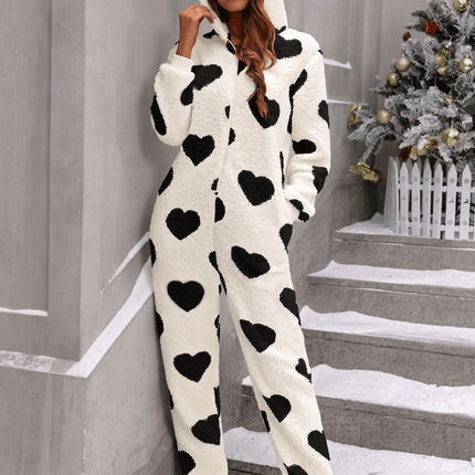 Women Plush Love Heart Valentine Sleepwear Jumpsuit - Jumpsuit - Juice Mate - Mad Fly Essentials