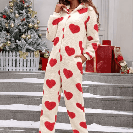 Women Plush Love Heart Valentine Sleepwear Jumpsuit - Jumpsuit - Juice Mate - Mad Fly Essentials