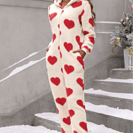 Women Plush Love Heart Valentine Sleepwear Jumpsuit - Jumpsuit - Juice Mate - Mad Fly Essentials
