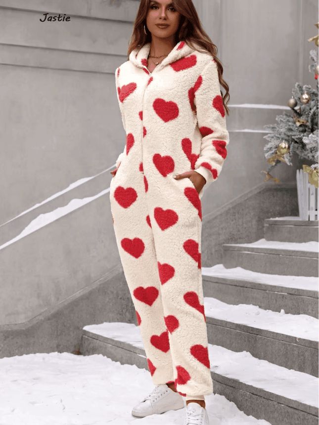Women Plush Love Heart Valentine Sleepwear Jumpsuit - Jumpsuit - Juice Mate - Mad Fly Essentials