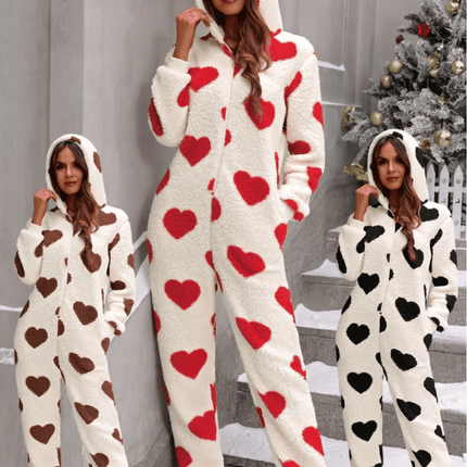 Women Plush Love Heart Valentine Sleepwear Jumpsuit - Jumpsuit - Juice Mate - Mad Fly Essentials