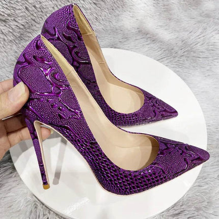 Women Purple Floral Embossed Crocodile Effect High Heels - High Heels - Tikicup - Mad Fly Essentials