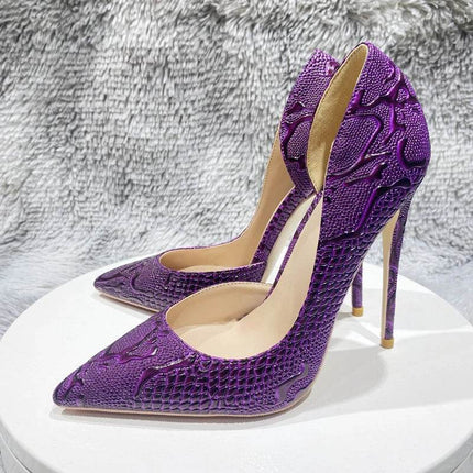 Women Purple Floral Embossed Crocodile Effect High Heels - High Heels - Tikicup - Mad Fly Essentials