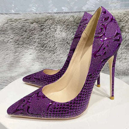 Women Purple Floral Embossed Crocodile Effect High Heels - High Heels - Tikicup - Mad Fly Essentials