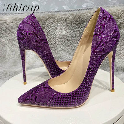 Women Purple Floral Embossed Crocodile Effect High Heels - High Heels - Tikicup - Mad Fly Essentials