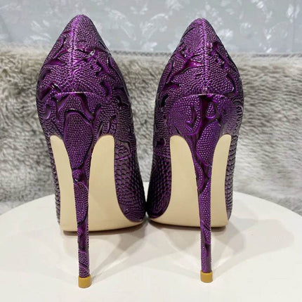 Women Purple Floral Embossed Crocodile Effect High Heels - Mad Fly Essentials