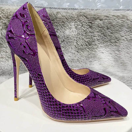 Women Purple Floral Embossed Crocodile Effect High Heels - High Heels - Tikicup - Mad Fly Essentials