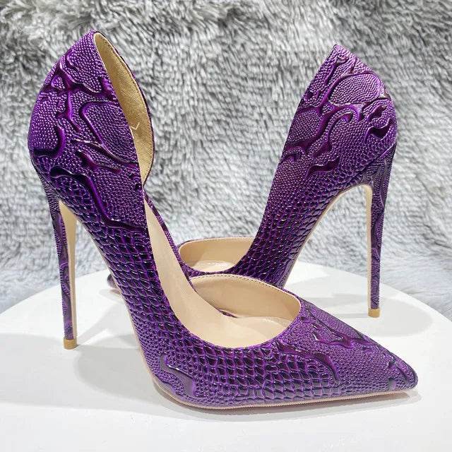 Women Purple Floral Embossed Crocodile Effect High Heels - High Heels - Tikicup - Mad Fly Essentials