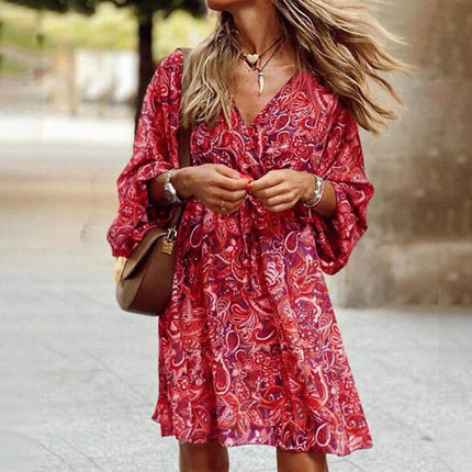 Women Retro Floral Flare Sleeve Mini Dress - Mini Dress - BISHAN - Mad Fly Essentials