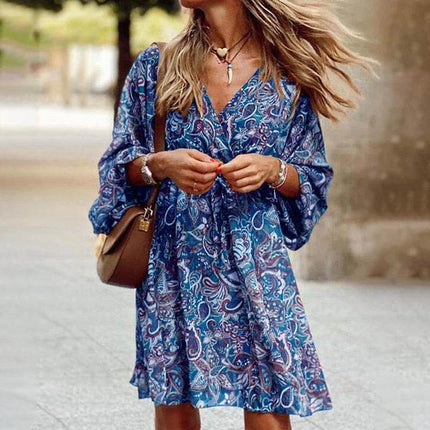 Women Retro Floral Flare Sleeve Mini Dress - Mini Dress - BISHAN - Mad Fly Essentials