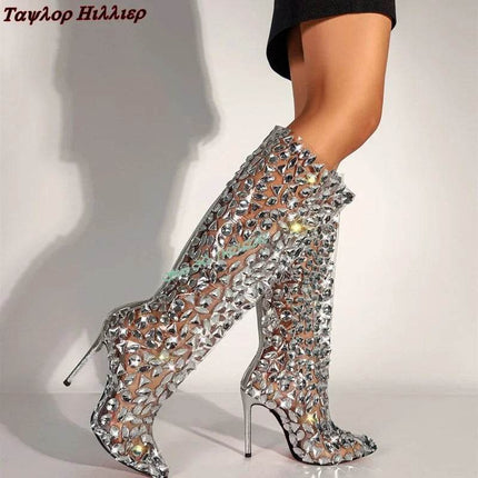 Women Rhinestone Silver Knee High Party Boots - Boots - Taylor Hillier - Mad Fly Essentials