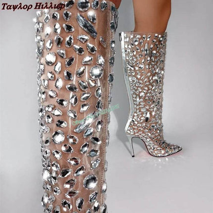 Women Rhinestone Silver Knee High Party Boots - Boots - Taylor Hillier - Mad Fly Essentials