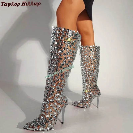 Women Rhinestone Silver Knee High Party Boots - Boots - Taylor Hillier - Mad Fly Essentials