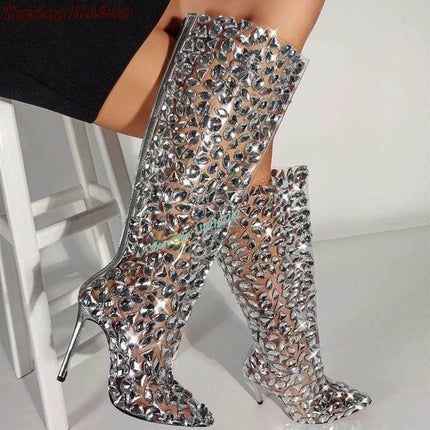Women Rhinestone Silver Knee High Party Boots - Boots - Taylor Hillier - Mad Fly Essentials