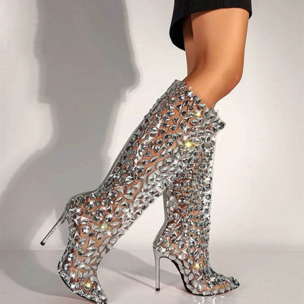 Women Rhinestone Silver Knee High Party Boots - Boots - Taylor Hillier - Mad Fly Essentials