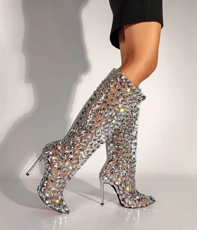 Women Rhinestone Silver Knee High Party Boots - Boots - Taylor Hillier - Mad Fly Essentials