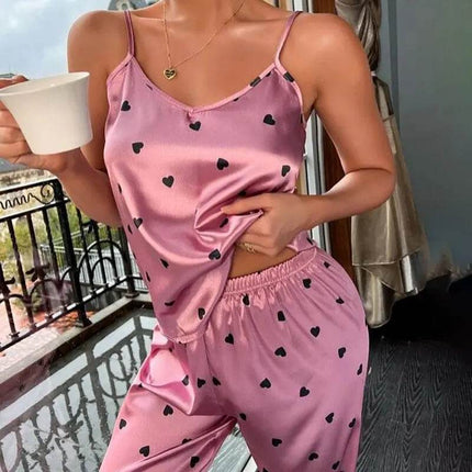 Women Satin Silk Hearts Pajama Set - Pajama Set - HEFLASHOR - Mad Fly Essentials