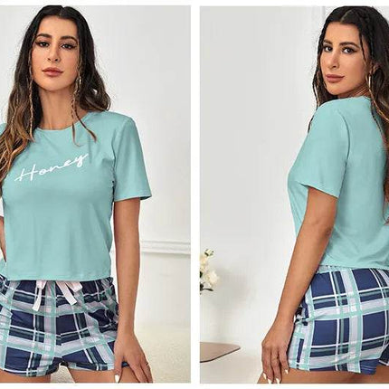 Women Short Honey Plaid Pajama Set - Pajama Set - Animal Unicorn - Mad Fly Essentials