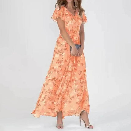Women Short Pink Floral Chiffon Ruffle Maxi Dress - Maxi Dress - Siddons - Mad Fly Essentials