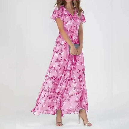 Women Short Pink Floral Chiffon Ruffle Maxi Dress - Maxi Dress - Siddons - Mad Fly Essentials
