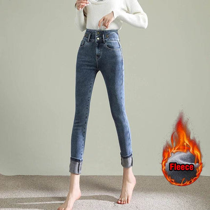 Women Skinny High Waist Fleece Velvet Jeans - Jeans - BLEASENDY - Mad Fly Essentials