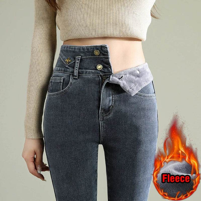 Women Skinny High Waist Fleece Velvet Jeans - Mad Fly Essentials