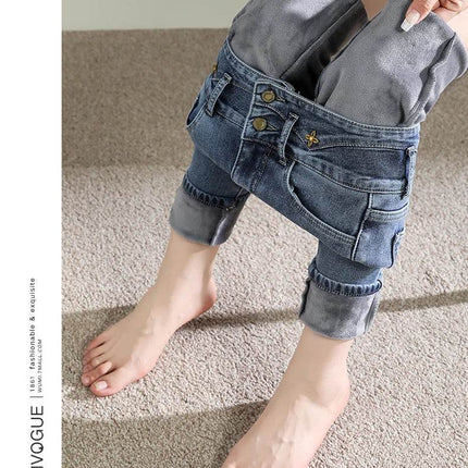Women Skinny High Waist Fleece Velvet Jeans - Mad Fly Essentials