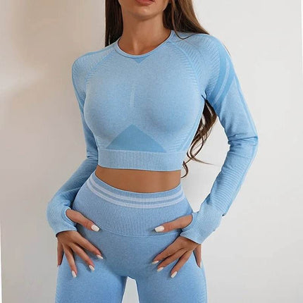 Women Solid Blue Leggings Crop Top Activewear Set - Mad Fly Essentials