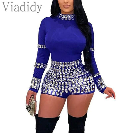 Women Solid Blue Sequin Bodycon Playsuit Mini Dress - Mini Dress - Medieval Dress - Mad Fly Essentials