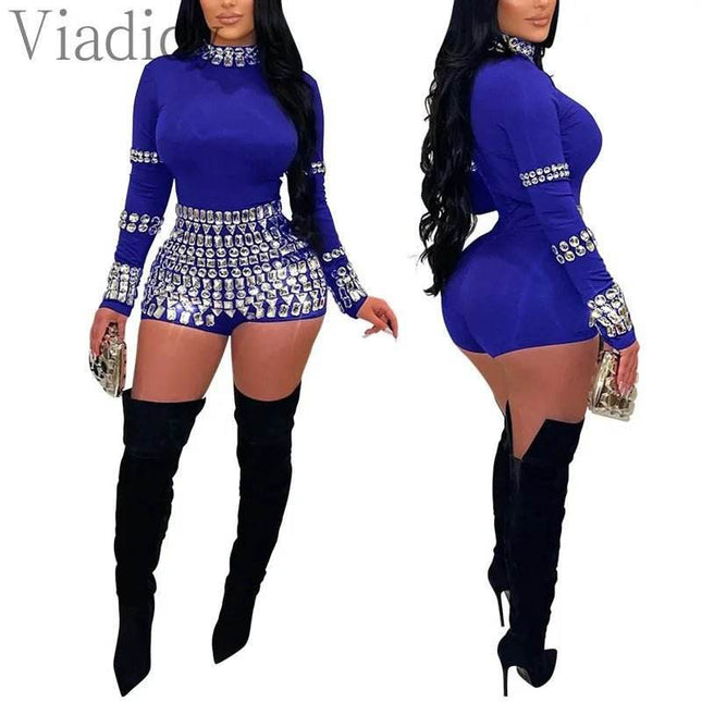 Women Solid Blue Sequin Bodycon Playsuit Mini Dress - Mini Dress - Medieval Dress - Mad Fly Essentials