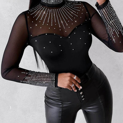 Women Solid Long Contrast Rhinestone Bodysuit Jumpsuit - Jumpsuit - mandylandy - Mad Fly Essentials