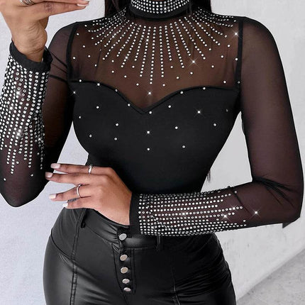 Women Solid Long Contrast Rhinestone Bodysuit Jumpsuit - Jumpsuit - mandylandy - Mad Fly Essentials