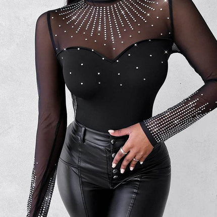 Women Solid Long Contrast Rhinestone Bodysuit - Mad Fly Essentials