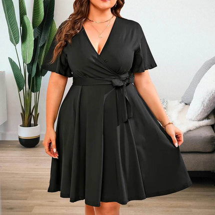 Women Solid Summer V Plus A - Line European Blue Midi Dress - MIDI Dress - Adogirl - Mad Fly Essentials