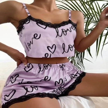 Women Spaghetti Hearts Sleepwear Pajama Set - Pajama Set - Rainbow waves - Mad Fly Essentials