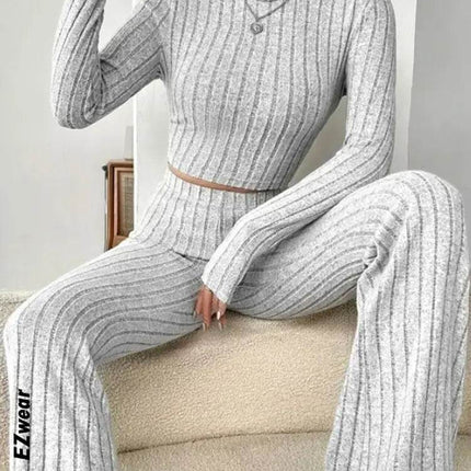 Women Stand Collar Top Striped Flare Pants Outfit Set - Outfit Set - buildingB - Mad Fly Essentials