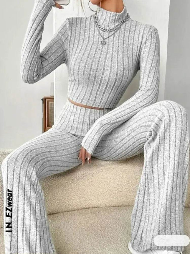 Women Stand Collar Top Striped Flare Pants Outfit Set - Outfit Set - buildingB - Mad Fly Essentials