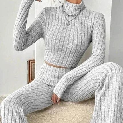 Women Stand Collar Top Striped Flare Pants Outfit Set - Mad Fly Essentials