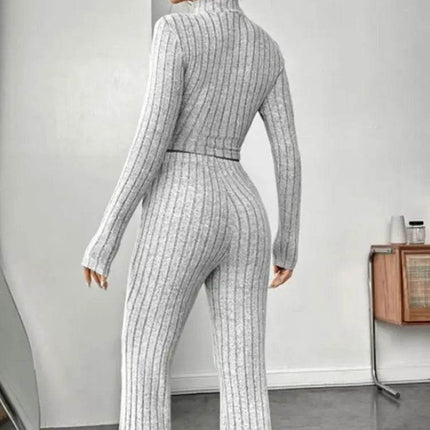 Women Stand Collar Top Striped Flare Pants Outfit Set - Outfit Set - buildingB - Mad Fly Essentials