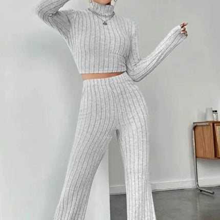 Women Stand Collar Top Striped Flare Pants Outfit Set - Outfit Set - buildingB - Mad Fly Essentials