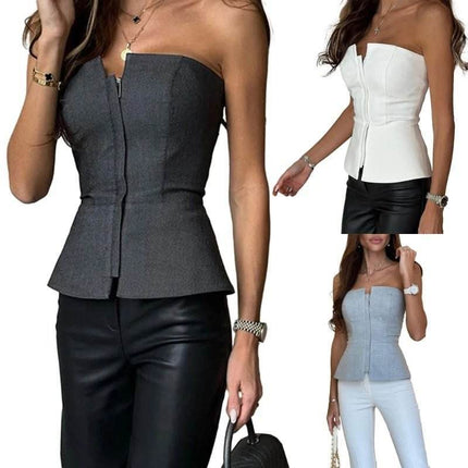 Women Strapless Sleeveless Solid Zipper Crop Top - Crop Top - FUNTINGTREE - Mad Fly Essentials