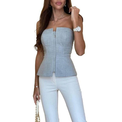 Women Strapless Sleeveless Solid Zipper Crop Top - Crop Top - FUNTINGTREE - Mad Fly Essentials