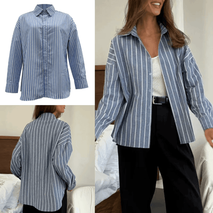 Women Striped Plaid Long Turn Down Collar Shirt - Shirt - SANWOOD - Mad Fly Essentials