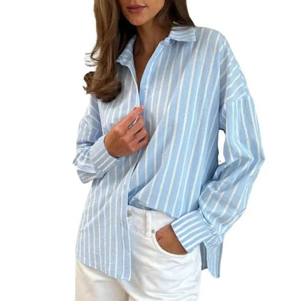 Women Striped Plaid Long Turn Down Collar Shirt - Shirt - SANWOOD - Mad Fly Essentials